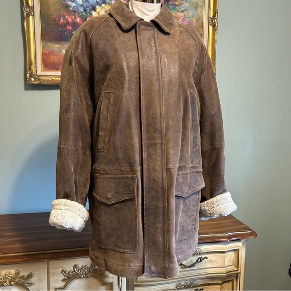 Wilsons Pelle Studio Brown Leather Sherpa Fur Lined Mid Length Heavy Winter Coat - Picture 4 of 17